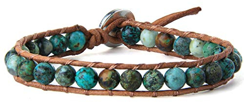 KELITCH Türkis Perlen Strang Armbänder Naturstein Leder Wickelarmband Neue Verstellbare Charm Armbänder (Grün 8B)