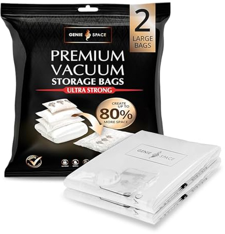 GENIE SPACE Bolsas de Vacío Premium para Ropa, Ropa de Cama y Viaje – Herméticas, Reutilizables y Sin Olor – Sello Doble – Tamaño Grande 80×60 cm – Paquete de 2