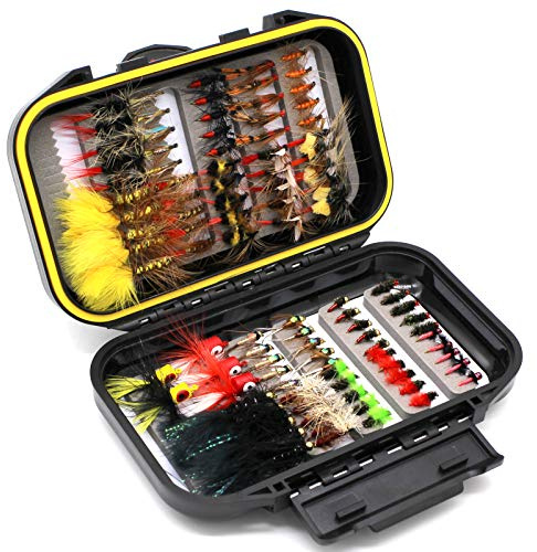 Fliegenfischen-Fliegen-Sortimentsset, trockene Nyphmen, Tenkara, Popper, Luftschlangen, Wollbugger für Forelle, Barsch, Lachs, Stahlkopffisch, mit Fliegenbox, Angelfliegenset, 100 Stück
