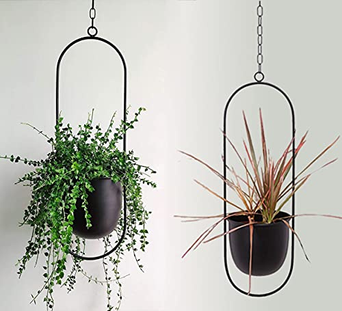 Funtabee 2-Pack Mid-century Modern Hanging Planter, Black Metal Wall Hanging Planter Indoor, Hanging Flower/Plant Pots, Metal Hanging Baskets/Plant Holder, Set of Two (Black, Ovalx2)