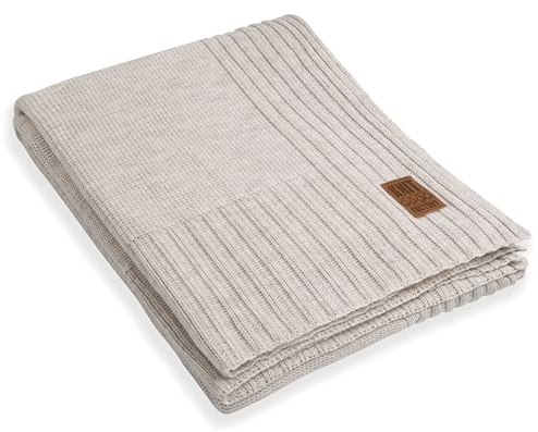 KNIT FACTORY - Uni Plaid XL - Beige - 195x225 cm | Sofadecke - Kuscheldecke - Wohndecke - Strickdecke - Plaid aus Wolle - Wolldecke - Gestrickte Decke