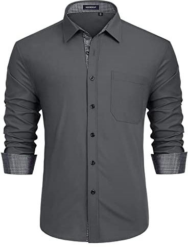 HISDERN Chemise Homme Manches Longues Business Regular Fit Chemises habillées boutonnées Longues avec Poche Coton Hommes