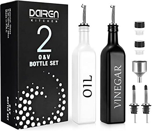 DaiRen Kitchen öL und Essig Spender Flasche 500ML Glas-Set, Olivenöl-Flaschenspender mit Caddy Halter und Edelstahl-Ausguss,Schwarz & Weiß, 2-teiliges Set
