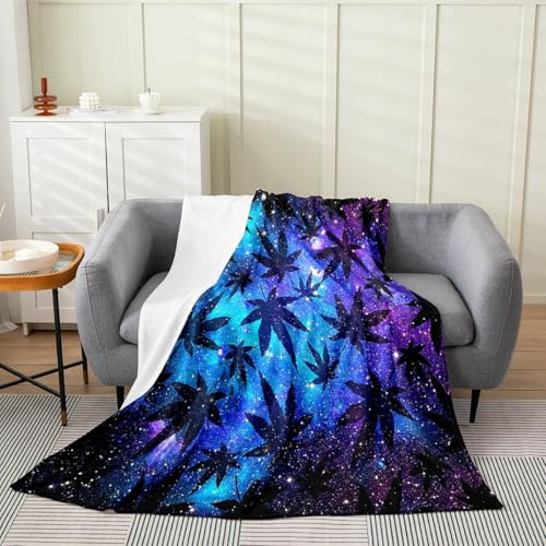 Erosebridal Leaf Fleece Blanket Leaves Flannel Blanket Queen 90x90,Purple Galaxy Leaf Flannel Blanket for Boys Girls Men Botanical Leaves Starry Sky Fuzzy Blanket