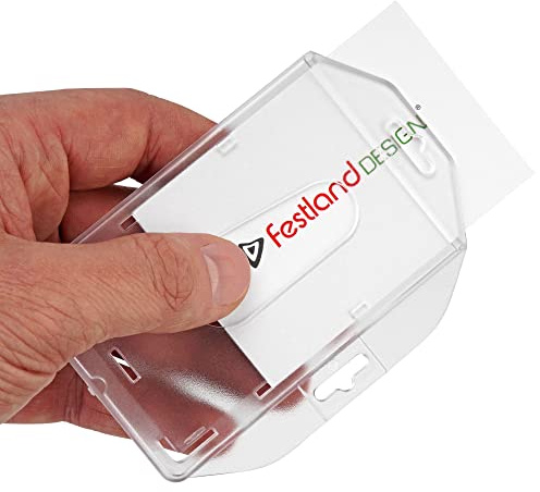 Festland DESIGN® Kartenhalter Ausweishülle aus Hartplastik mit Daumenausschieber horizontal + vertikal für Schlüsselband ID-Ausweishalter Namensschilder Kartenhülle Schutzhülle Kartenetui transparent