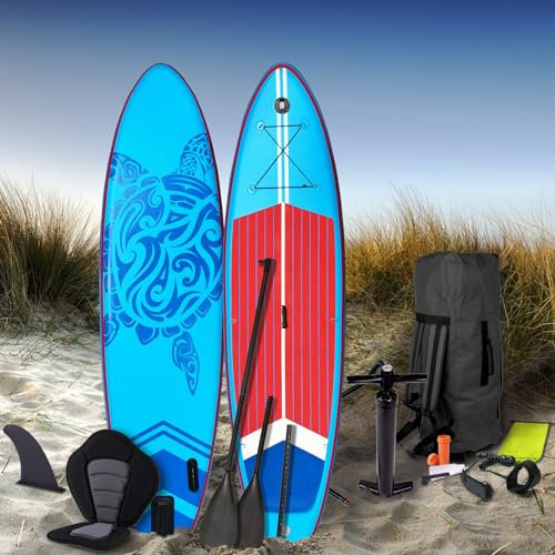 BRAST® SUP Board Turtle | Aufblasbares Stand up Paddle Set | 320x81x15cm | 4 Designs | 5 Jahre Garantie | inkl. Sonderzubehör | 2in1 Paddel Kajak-Sitz Action-Cam-Halterung Fußschlaufe | Blau