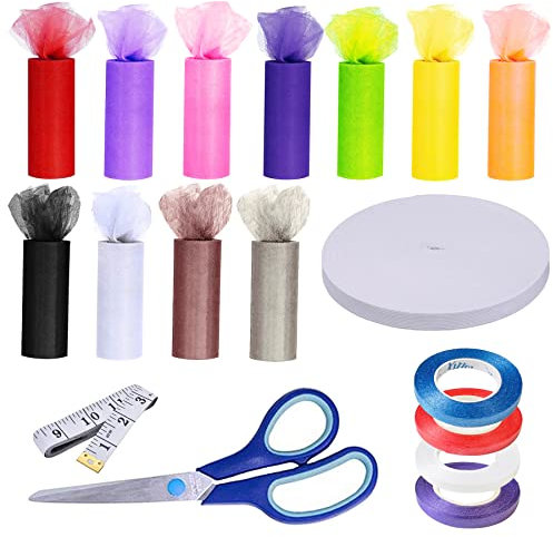 Allazone 18 Rollen Tüllband, 11 Farben, Tüllband, Dekoration, elastisches Band, Nähschere, Maßband für Tisch, Stuhl, Bogen, Rock, Nähen, Handwerk, Dekoration