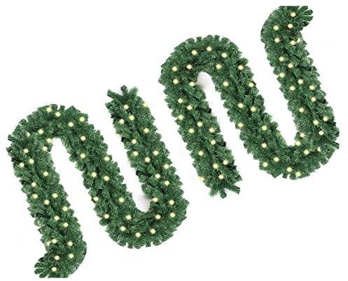 Yakimz Weihnachtsgirlande mit Beleuchtung, 2er 5M Künstlich Tannengirlande mit 100 LEDs Warmweiß 8 Modus Lichterketten, Girlande Weihnachten Weihnachtsdeko Innen und Außen, Grün