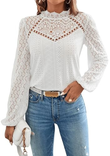 GORGLITTER Damen Elegant Blusen Stehkragen Oberteiel Hemdbluse Langarm Spitzen Tunika Bluse mit Laternenärmeln Weiß XS