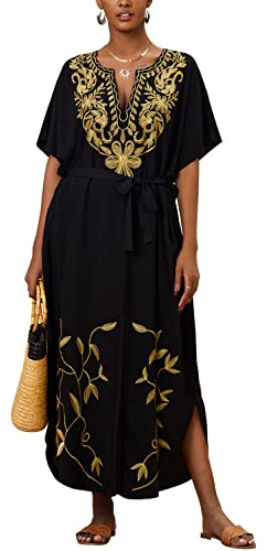 L-Peach Broderad kaftan för kvinnor, mysplagg i bohemisk stil, hemmaplagg, överdimensionerad strandklänning, maxiklänning, täckande, en storlek