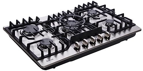 Deli-kit 30 Inch Gas Cooktop, Stainless Steel Built-in 5 Burners Stovetop Dual Fuel Gas Hob NG/LPG Convertible Gas Cooktop DK5712