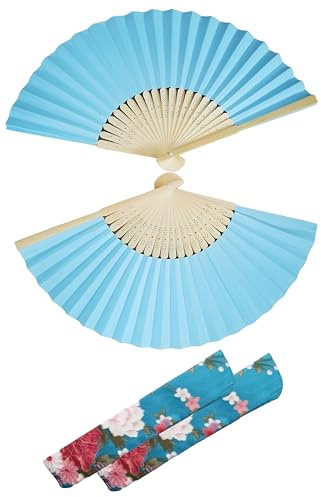 Generisch 2 Handfächer mit Etui, Papier- und Bambusfächer mit Schnitzereien, zur Abkühlung im Sommer, für Hochzeiten und Karneval