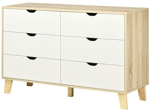 HOMCOM Cómoda con 6 Cajones Cajonera de Armario Mueble Organizador con Cajones para Cocina Dormitorio Salón Estudio Estilo Moderno Antivuelco 120x40x76 cm Natural y Blanco
