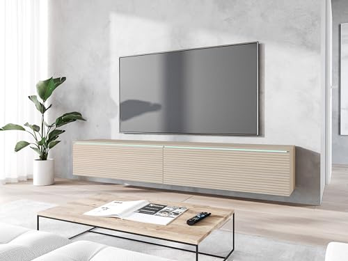 MINIO go for it - TV Schrank Donna Breite 180 cm Lowboard mit LED | Stehend oder Hängend, Fernsehschrank für das Wohnzimmer, Gaja Eiche / Gaja Eiche mit Lamellenmuster