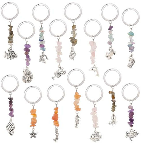 PH PandaHall 15pz Portachiavi con Pietre Preziose, Portachiavi con Ciondolo A Forma di Animale Marino, con Ciondoli A Forma di Sirena e Conchiglia, Portachiavi con Portachiavi Diviso per Borsetta