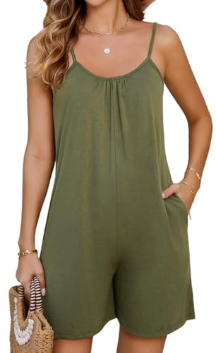 PASUDA Womens Jumpsuit Summer Short Dungarees Casual Sleeveless Playsuit Cotton Romper Adjustable Shoulder Strap Wide Leg Short One-Piece Overall Jumpsuits with Pockets