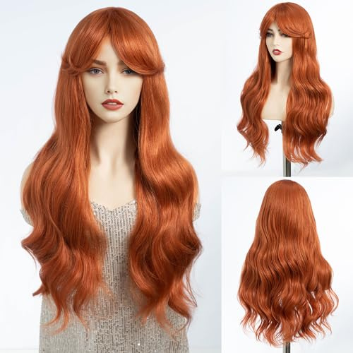 DÉBUT Peluca larga ondulada con flecos para mujer, resistente al calor, pelucas sintéticas de color naranja con flequillo para fiestas diarias, uso cosplay (66 cm, 130 C)