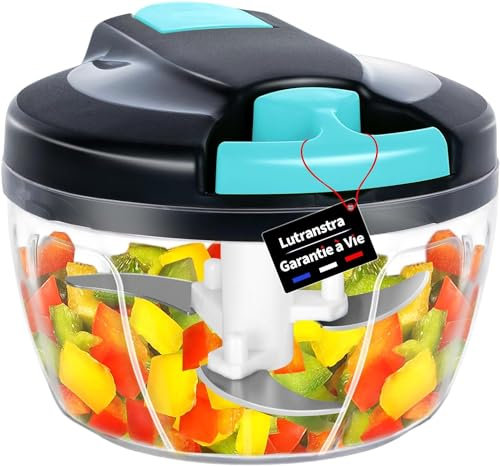 Lutranstra Hachoir Manuel 550ml, Mini Hachoir, Coupe Oignon Manuel Acier Inoxydable 3 Lames, Mixeur Manuel, Hachoir Legume pour l'ail, Viande, Aliments pour Bébé, Fruit, Carotte, Saucisson (Bleu)