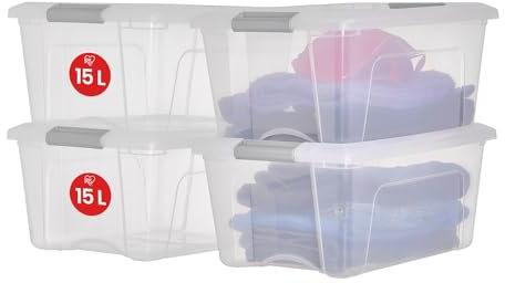 Iris Ohyama Storage Boxes with Lids, 15L, Set of 4, Silver, Secure Buckles, Stackable, Pull-Handles, For Bedroom, Closet, Office, Organisation, BPA Free Plastic, Clothes Tote, NTB-15