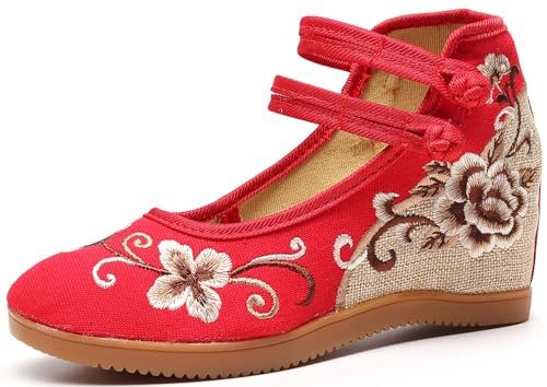 TangDao Zapatos Bailarina de Tacón Alto de Mujer, Zapatos de Tela Bordados con Cuña de Estilo étnico Merceditas (Rojo, Adulto, Mujer, 41, Números, Sistema Tallas Calzado EU, Mediano)