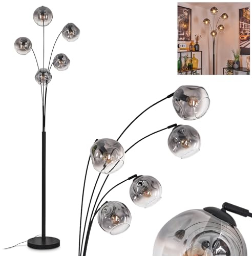 Stehleuchte Ripoll, Stehlampe aus Metall/Glas in Schwarz/Rauchfarben/Klar, Leuchte im Retro/Vintage-Design mit Schirmen aus Glas (Ø 15 cm) u. Fußschalter, Höhe 210 cm, 5 x E14, ohne Leuchtmittel