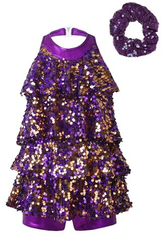 YiZYiF Kinder Mädchen Tanzkleid Pailletten Ballett Tanzbody Tanztrikot Glitzer Latin Ballsaal Kleid Karneval Party Tanzkleidung Violett_A 122-128