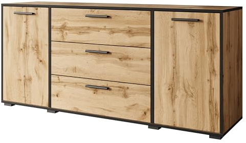 MINIO go for it - Kommode TOGA, Sideboard 150 cm Breit mit Schubladen | für Wohnzimmer Schlafzimmer Flur Moderne Komodenschrank Kommode Wotan Eiche / Schwarz