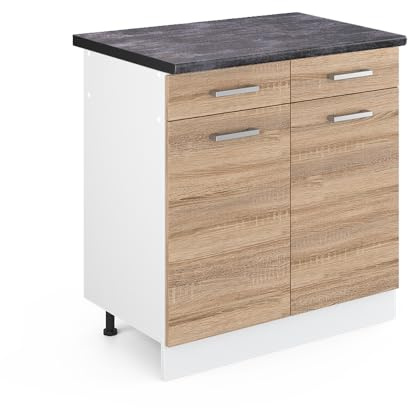 Vicco Küchenunterschrank R-Line, Sonoma, 80 cm | 2 Schubladen · AP Anthrazit inkl. · Höhenverstellbare Füße · 2 Türen · ✓ Leichter Zugriff