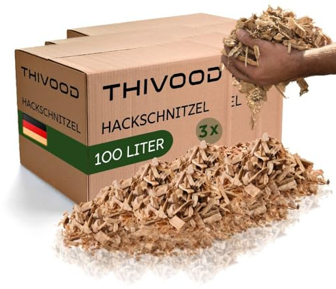 THIVOOD Hackschnitzel 300 Liter für den Garten - Ideal für Hackschnitzelheizung und als Anzünder - trockene Kiefer Holzhackschnitzel - Rindenmulch-Ersatz für Spielplatz, Gartenwege und Beete