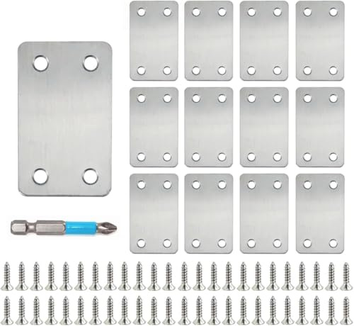 QSJ 12 Pack Flat Mending Plate, Metal Bracket, Stainless Steel Brace 2.36 x 1.49'', Fixing Joining Plate for Wood with 48PCS Screws, 1x Screwdriver., Black, QSJ-03