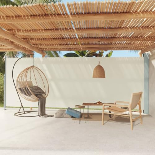 TJROO Tenda da Sole 200x600 cm Tende da Veranda da Giardino Paravento Laterale Retrattile Paravento da Esterno Parasole Tenda Laterale per Patio e Balcone Crema Tessuto Chiusura Automatica