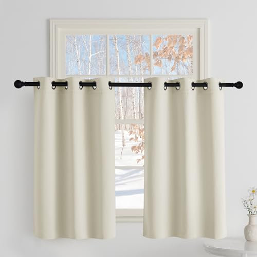 PONY DANCE Tende Corte Oscuranti Camera da Letto per Finestre Piccole con Anelli Tende Termiche Isolanti Cucina 2 Pezzi L 90 x A 100 cm Curtains per Interni, Beige Chiaro