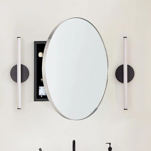 EGHOME Badezimmer-Medizinschrank mit Spiegel, rund, gebürstetes Nickel, mit Spiegel, kreisförmig, Edelstahl, Metallrahmen, Badezimmerschrank mit Spiegel, 61 cm Durchmesser