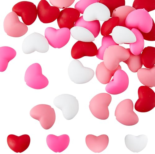 DICOSMETIC 40 Stück 4 Farben Herz Silikon Perlen Großhandel Silikon Fokalperlen Für Stift Bunte Liebes Chunky Perlen Valentinstag Spacer Perlen 3D Herzperlen Für Die Schmuckherstellung