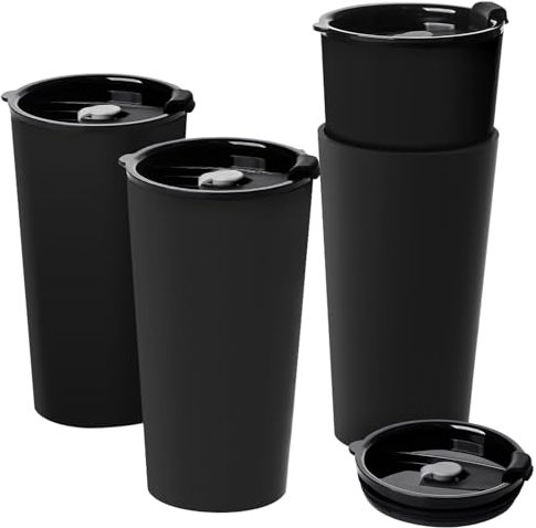 Greentainer Travel Mugs with Lids, Plastic Large Unbreakable Coffee Cups, 600ml Reusable to Go Camping Coffee Tumbler for Cold Water, Beer, Milk, Dishwasher & Microwave Safe, Set of 4