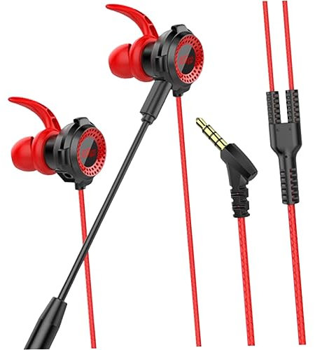 jojofuny Auriculares Gaming in Ear con Cancelación De y Doble Micrófono Auriculares para Pc y Móviles Diseño Ergonómico con Estéreo Rojo