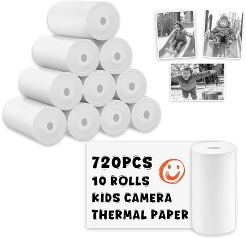 Lot de 10 rouleaux de papier thermique pour appareil photo d'enfant, blanc, compatible avec la plupart des appareils photo instantanés pour enfants et mini imprimantes thermiques (72 feuilles/rouleau)