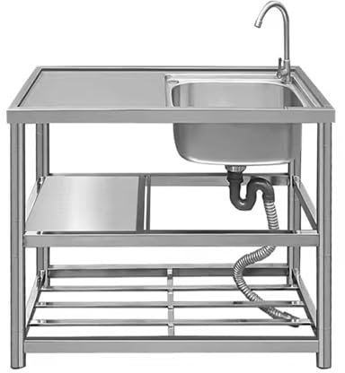 Edelstahl Spüle 304 freistehend Restaurant sink mit kalten und heißen Wasserhähnen Aufbewahrungsregal Handwaschbecken für Küche Garage Waschküche Outdoor