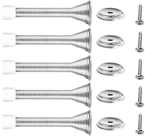 5 Tope de Puerta de Resorte de Acero Inoxidable - Tope de Puerta de Pared con Base de Tornillos,Amortiguador Flexible con Cabeza de Goma Antideslizante,Protección para Puertas y Paredes