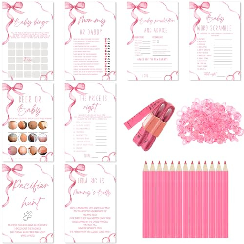 Honoson 279 Pcs Pink Bow Baby Shower Games for 50 Guest, 8 Games Include Baby Shower Bingo, Price Is Right, Mommy or Daddy, Word Scramble, Prediction and Advice, How Big Is Mommys Belly, Pacifier Hunt