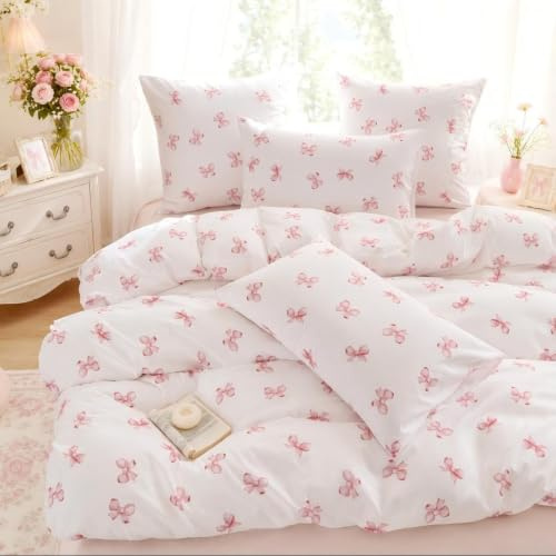 Freyamy Schleifen Bettwäsche 135x200 Rosa Weiß Schleife Mädchen Bettwäsche Set Aesthetic Microfaser ÖKO-TEX Bettbezug 1 Deckenbezug mit Reißverschluss und 1 Kissenbezug 80x80cm
