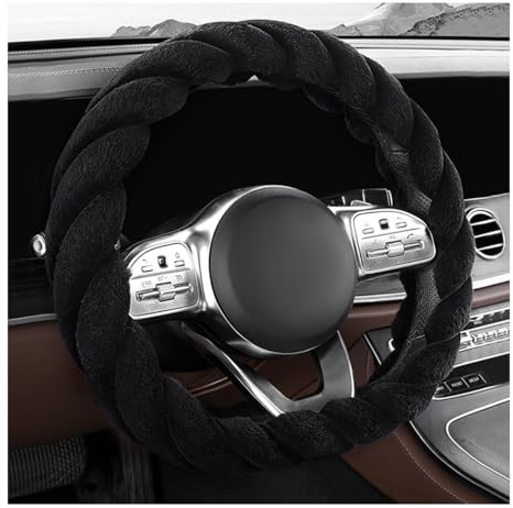KVAEY Fluffy Car Steering Wheel Cover, 15 Inches Anti-Slip Round Fuzzy Winter Steering Wheel Protector, Soft Warm Plush Steering Wheel Cover for Women Girls, Car Accessories (Black, D-Shaped)
