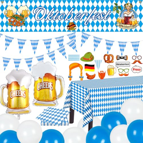 Deko Bayrische Accessoires Luftballons, Servietten Bayrisch, Tischdecke Banner Wimpelkette Fotorequisiten für Deko Party