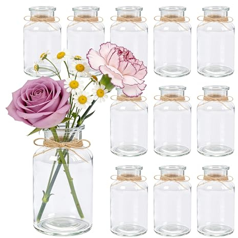 Der Rose 12 Stück 250 ml Glasvasen Set für Hochzeit Tischdeko | Juteschnur individuell kürzbar Klare transparente Glasoptik Individuell kreativ gestaltbar Für Spülmaschine geeignet