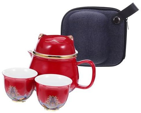 NOLITOY Porcelain Chinese Gongfu Tea Ceramic Cat Teapot with Lid and Two Cups Portable Travel Teaset for Office Relaxation Creative Gold Accent Ceramic Tea Pot Cup Combo