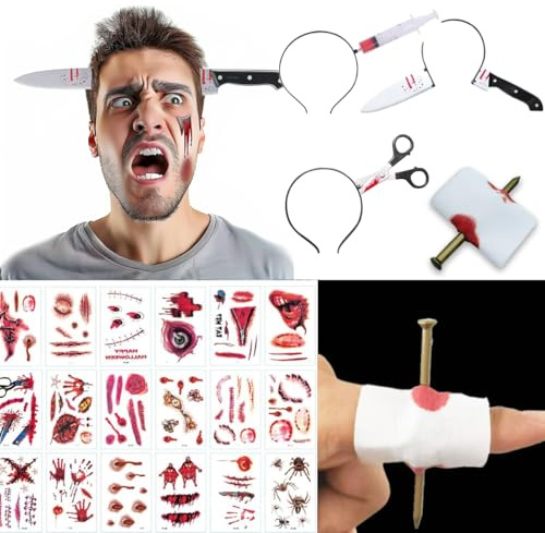 ZELAITE 3 Pcs Halloween Knife Headband - Plastic Knife, Halloween Costume Accessories, Machete and Scissor Scary Accessories for Zombie Masquerade Party