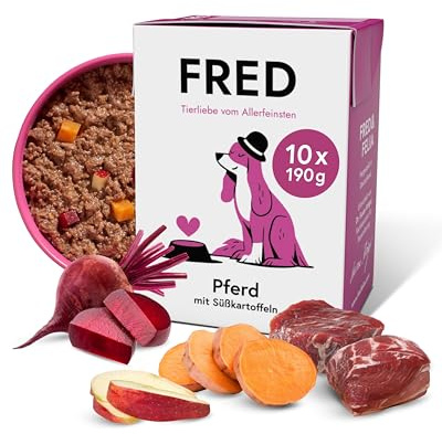 FRED Hundefutter Pferd mit Süßkartoffeln 10 x 190 g I Monoprotein Nassfutter mit Muskelfleisch I Hypoallergen & gut verträglich I Mit Roter Bete & Ölen I Alleinfuttermittel für ausgewachsene Hunde