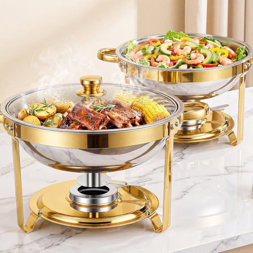 POWERFUEL Chafing Dishes for Buffet, 2 Pack 6QT Round Premium Stainless Steel Chafing Dish Set with Lid, Water Pan, Stand, Fuel Holder, Food Warmer for Party, Easter, Gathering, Banquet, Wedding