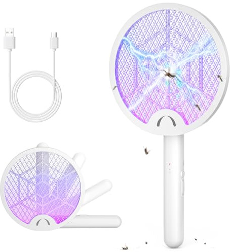 YISSVIC Racchetta Zanzare Elettrica Pieghevole, 3 in 1, 4000 V, 1800mAh Ricaricabile Tipo C e Luce LED Insetti Scacciamosche Portatile, Adatto per Interni ed Esterni Bianco