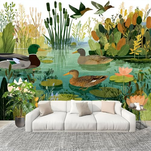 Fotomurales Papel pintado 200x140 cm 3d Animales Patos Salvajes PáJaros Papel Pintado Fotográfico Panoramico Decorativos Dormitorio sala Verde Murales Papel Tapiz Antimoho Removibles, Grandes